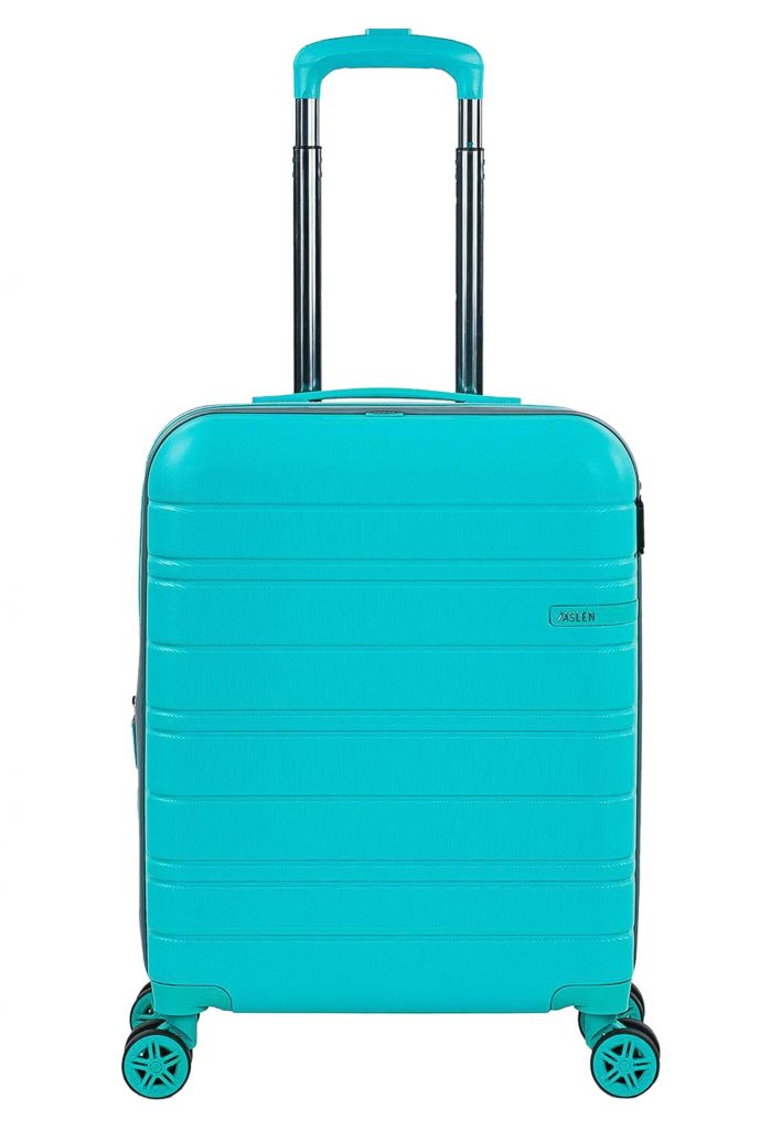 Opciones de maleta azul turquesa con opciones de expansión